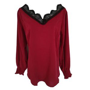 new Lace Trim V-Neck Blouse Top red M